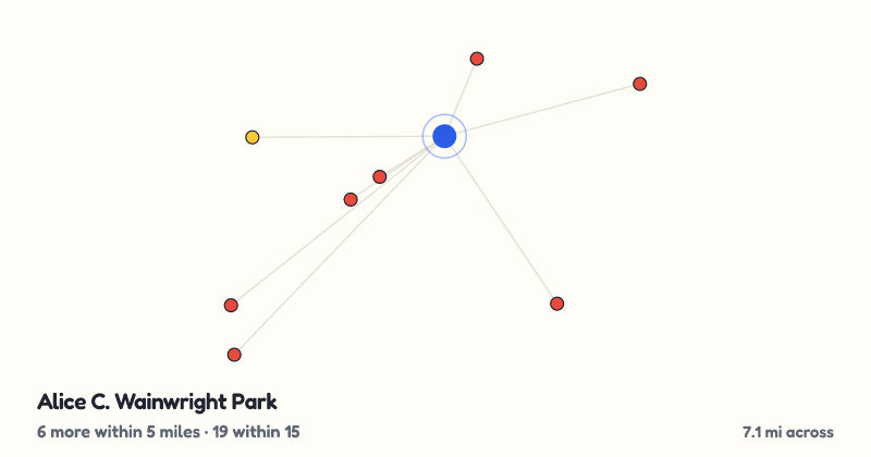 Map of Alice C. Wainwright Park and the 19 other playgrounds within 15 miles