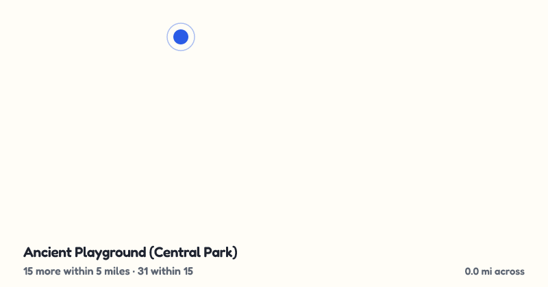 Map of Ancient Playground (Central Park) and the 31 other playgrounds within 15 miles