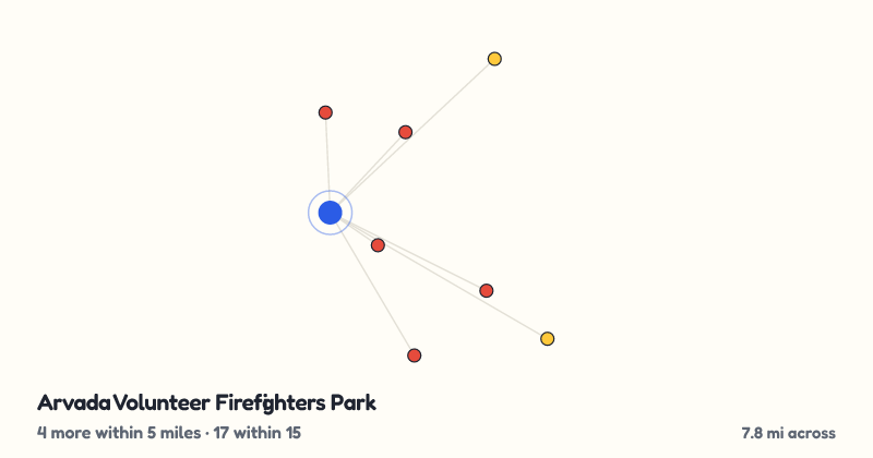 Map of Arvada Volunteer Firefighters Park and the 17 other playgrounds within 15 miles