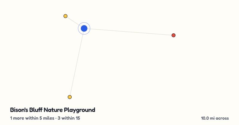 Map of Bison's Bluff Nature Playground and the 3 other playgrounds within 15 miles