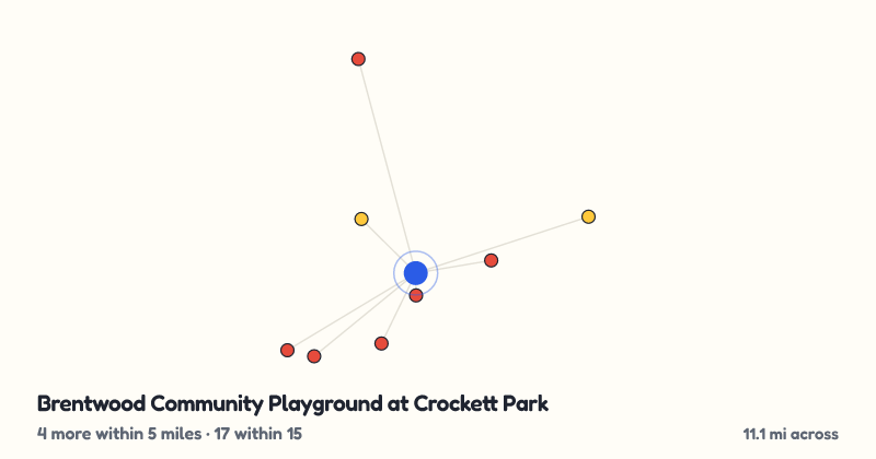 Map of Brentwood Community Playground at Crockett Park and the 17 other playgrounds within 15 miles
