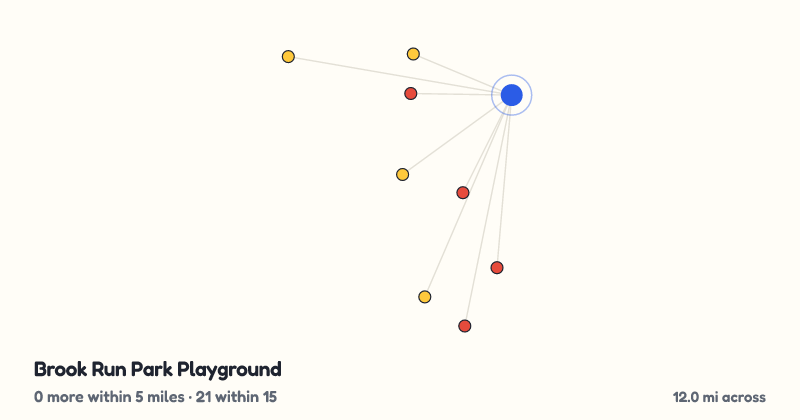 Map of Brook Run Park Playground and the 21 other playgrounds within 15 miles