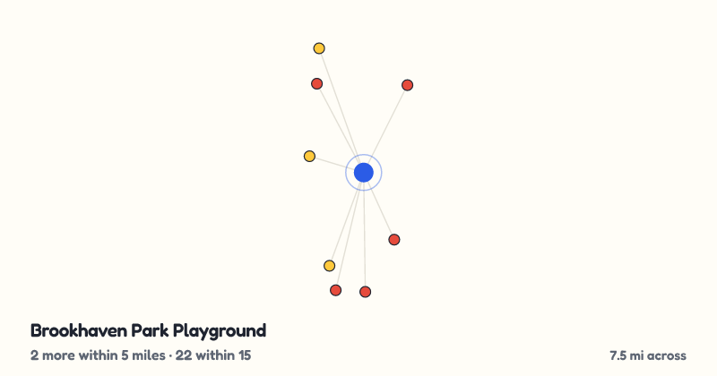 Map of Brookhaven Park Playground and the 22 other playgrounds within 15 miles
