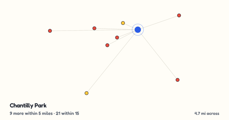 Map of Chantilly Park and the 21 other playgrounds within 15 miles