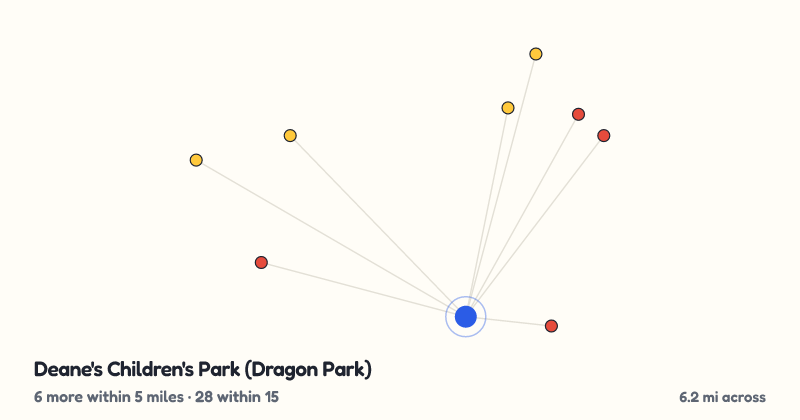 Map of Deane's Children's Park (Dragon Park) and the 28 other playgrounds within 15 miles