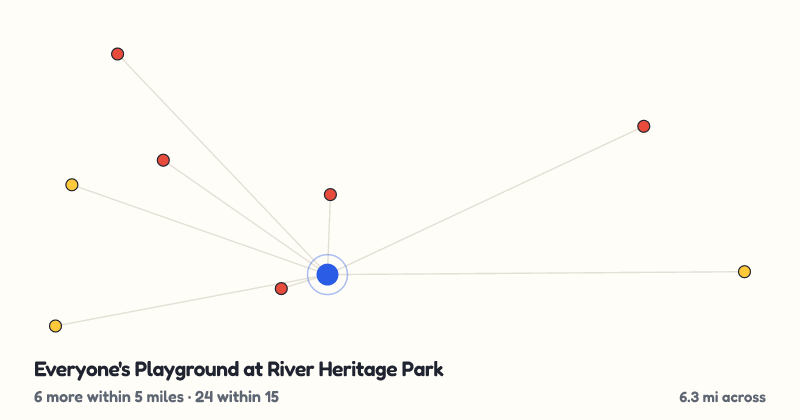 Map of Everyone's Playground at River Heritage Park and the 24 other playgrounds within 15 miles