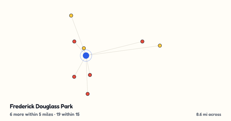 Map of Frederick Douglass Park and the 19 other playgrounds within 15 miles