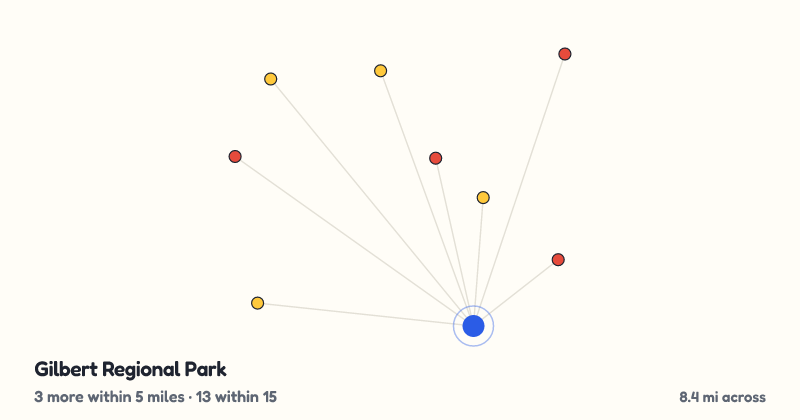 Map of Gilbert Regional Park and the 13 other playgrounds within 15 miles