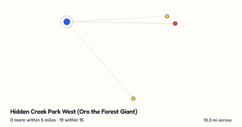 Map of Hidden Creek Park West (Oro the Forest Giant) and the 19 other playgrounds within 15 miles