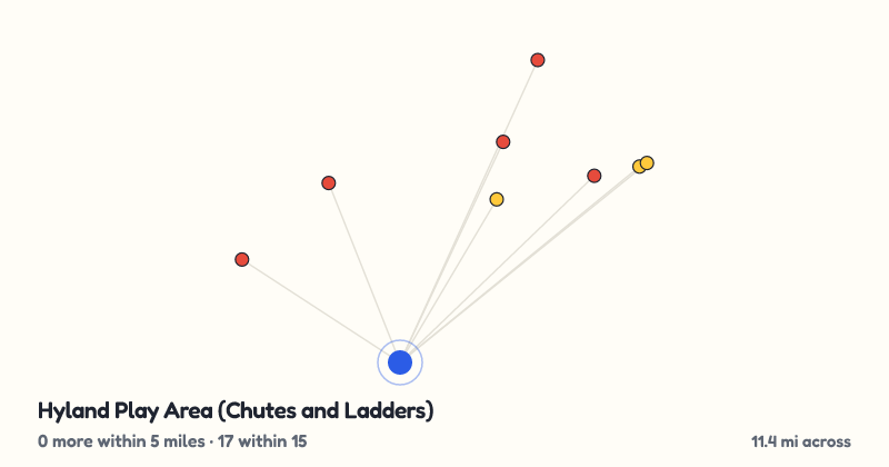 Map of Hyland Play Area (Chutes and Ladders) and the 17 other playgrounds within 15 miles