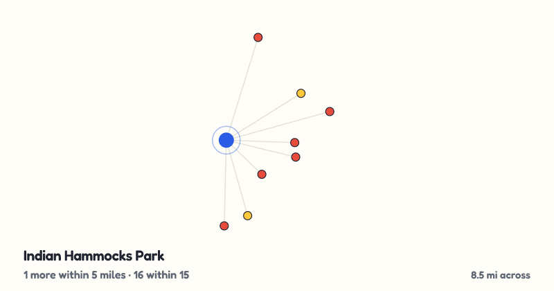 Map of Indian Hammocks Park and the 16 other playgrounds within 15 miles