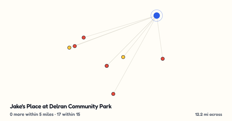 Map of Jake's Place at Delran Community Park and the 17 other playgrounds within 15 miles