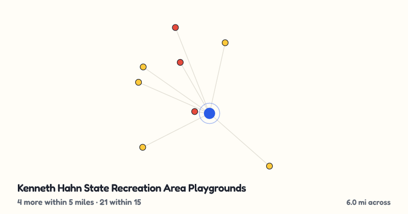 Map of Kenneth Hahn State Recreation Area Playgrounds and the 21 other playgrounds within 15 miles