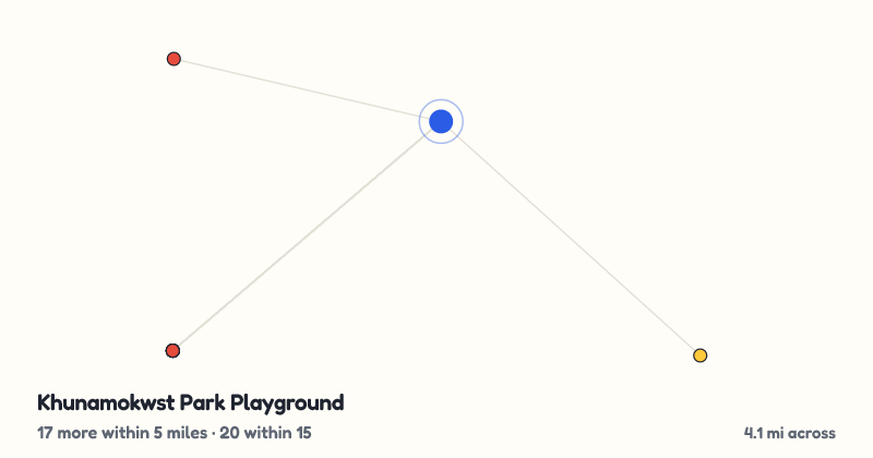 Map of Khunamokwst Park Playground and the 20 other playgrounds within 15 miles