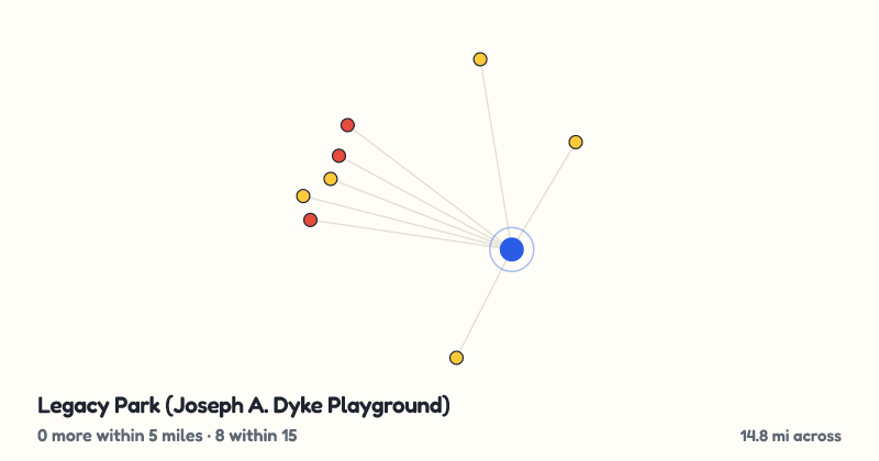 Map of Legacy Park (Joseph A. Dyke Playground) and the 8 other playgrounds within 15 miles