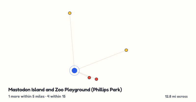 Map of Mastodon Island and Zoo Playground (Phillips Park) and the 4 other playgrounds within 15 miles