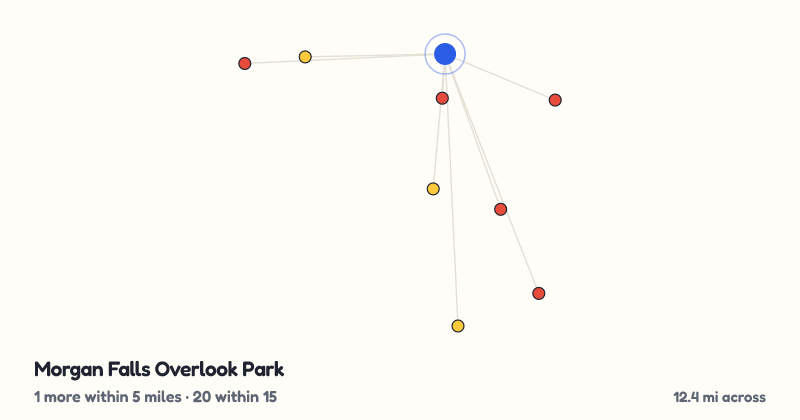 Map of Morgan Falls Overlook Park and the 20 other playgrounds within 15 miles