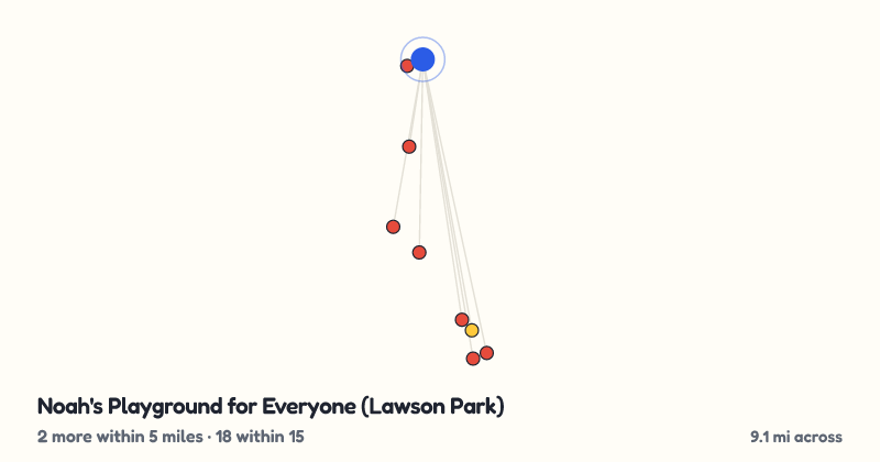 Map of Noah's Playground for Everyone (Lawson Park) and the 18 other playgrounds within 15 miles