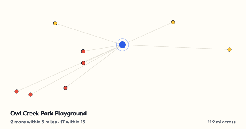 Map of Owl Creek Park Playground and the 17 other playgrounds within 15 miles