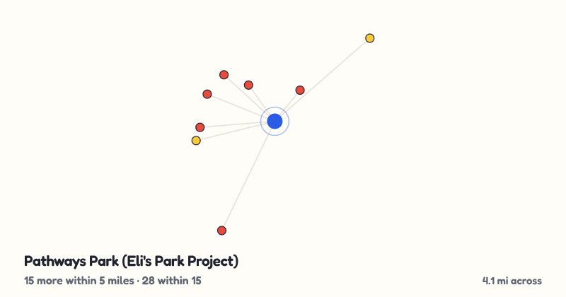Map of Pathways Park (Eli's Park Project) and the 28 other playgrounds within 15 miles