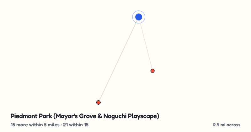 Map of Piedmont Park (Mayor's Grove & Noguchi Playscape) and the 21 other playgrounds within 15 miles