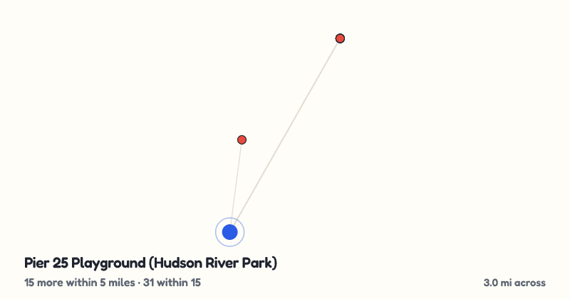 Map of Pier 25 Playground (Hudson River Park) and the 31 other playgrounds within 15 miles