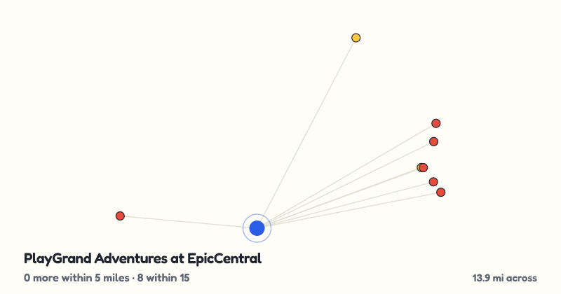 Map of PlayGrand Adventures at EpicCentral and the 8 other playgrounds within 15 miles