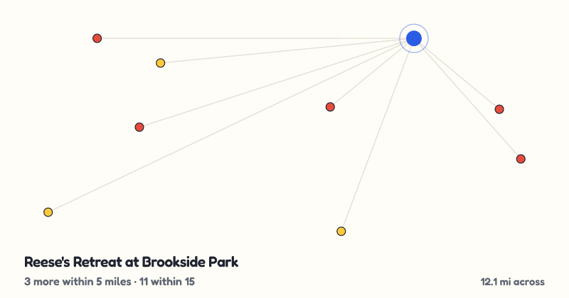 Map of Reese's Retreat at Brookside Park and the 11 other playgrounds within 15 miles