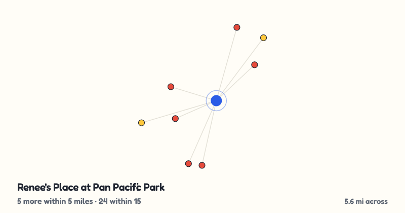 Map of Renee's Place at Pan Pacific Park and the 24 other playgrounds within 15 miles