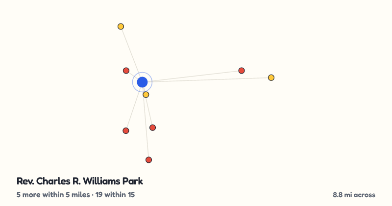 Map of Rev. Charles R. Williams Park and the 19 other playgrounds within 15 miles