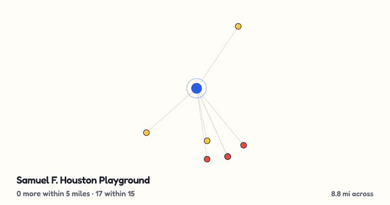 Map of Samuel F. Houston Playground and the 17 other playgrounds within 15 miles