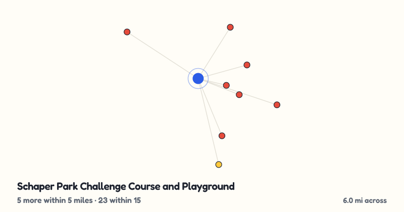 Map of Schaper Park Challenge Course and Playground and the 23 other playgrounds within 15 miles