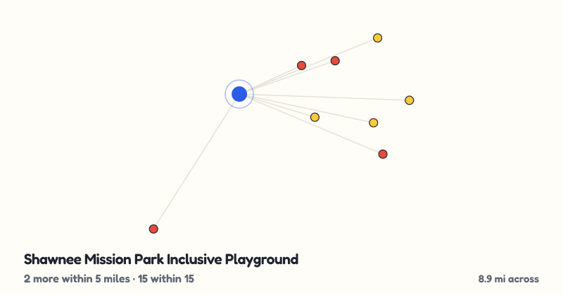 Map of Shawnee Mission Park Inclusive Playground and the 15 other playgrounds within 15 miles