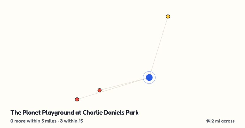 Map of The Planet Playground at Charlie Daniels Park and the 3 other playgrounds within 15 miles