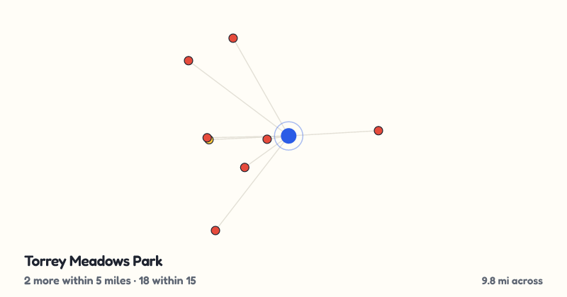 Map of Torrey Meadows Park and the 18 other playgrounds within 15 miles