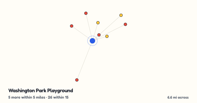 Map of Washington Park Playground and the 26 other playgrounds within 15 miles