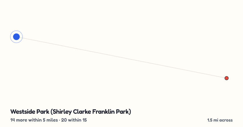 Map of Westside Park (Shirley Clarke Franklin Park) and the 20 other playgrounds within 15 miles
