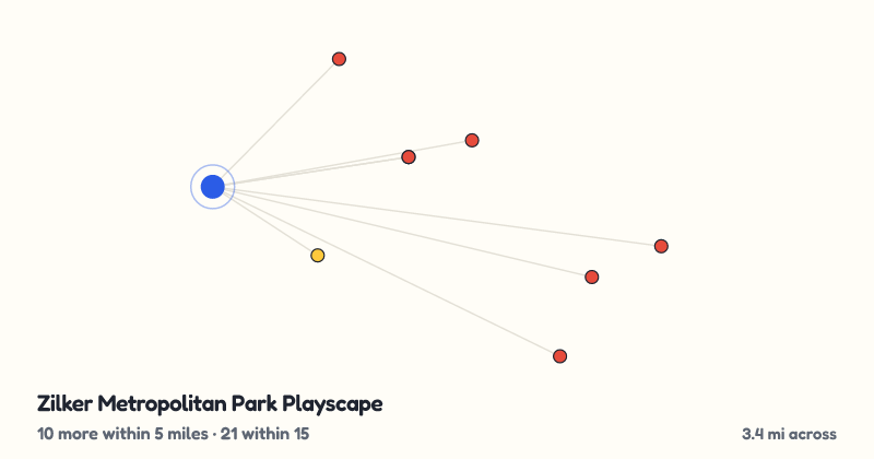 Map of Zilker Metropolitan Park Playscape and the 21 other playgrounds within 15 miles